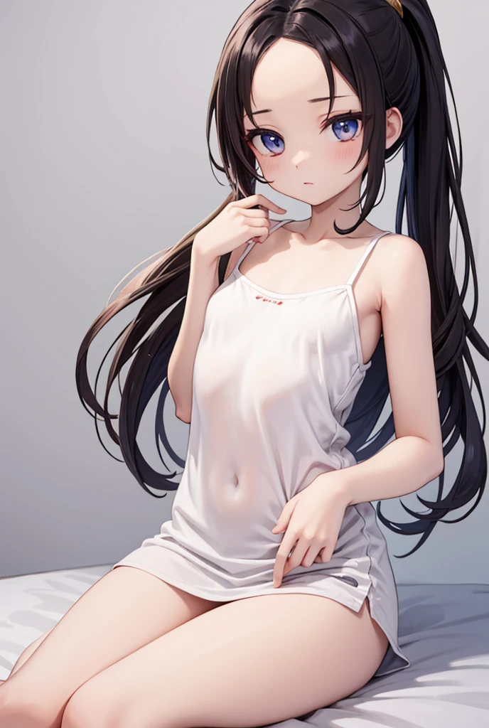((masterpiece)), ((Best Quality)), (Ultra-detailed), Anime style, Cute , 1girl in, Solo, 8k, sitting on the bed , no pant,no bra , young girl , flat chest, bare shoulders