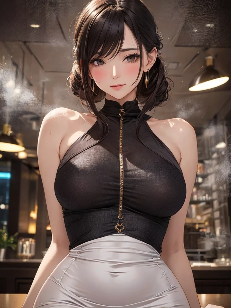 Best quality, masterpiece, ultra high res, (photorealistic:1.4), raw photo, 1girl, offshoulder, in the dark, deep shadow, low key, cold light,wearing a traditional saree, [huge breasts: 1.5] , large boobs, barely covered boobs, seductive smile, pokies