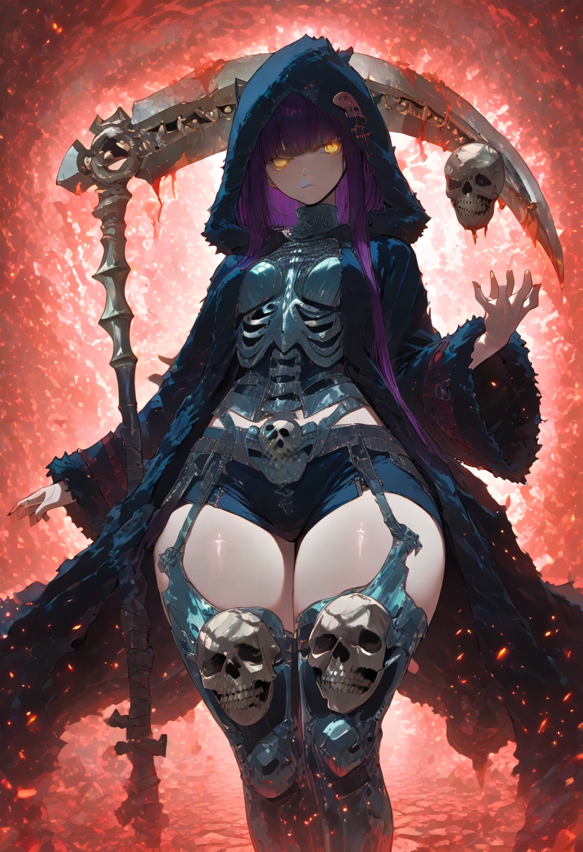 ((masterpiece, best quality:1.4)), illustration, 8k, hd, cowboy shot, anime style, detail face, detail eyes, necromancer girl, tomb, black robe, black royal dress, (massive boobs), massive ass, short white hair, green eyes, mature, (angry), ((green glowing eyes)), (royal bone crown with jewels, bone shoulder armour, jewels), (holding skeleton staff, skeleton stuff with green crystal), skeleton armour