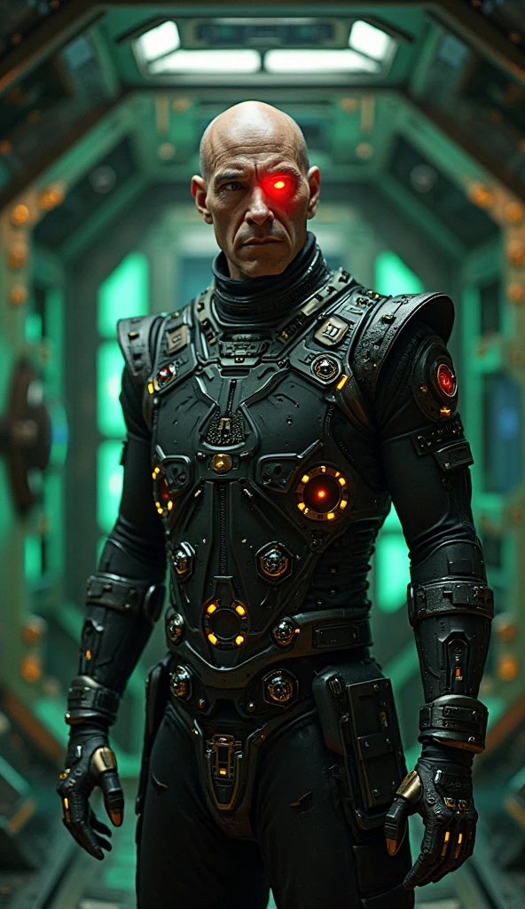 a borg man standing against a sc-fi wall, weapon in one hand, glowing wall with green circuitry, close-up, upper body