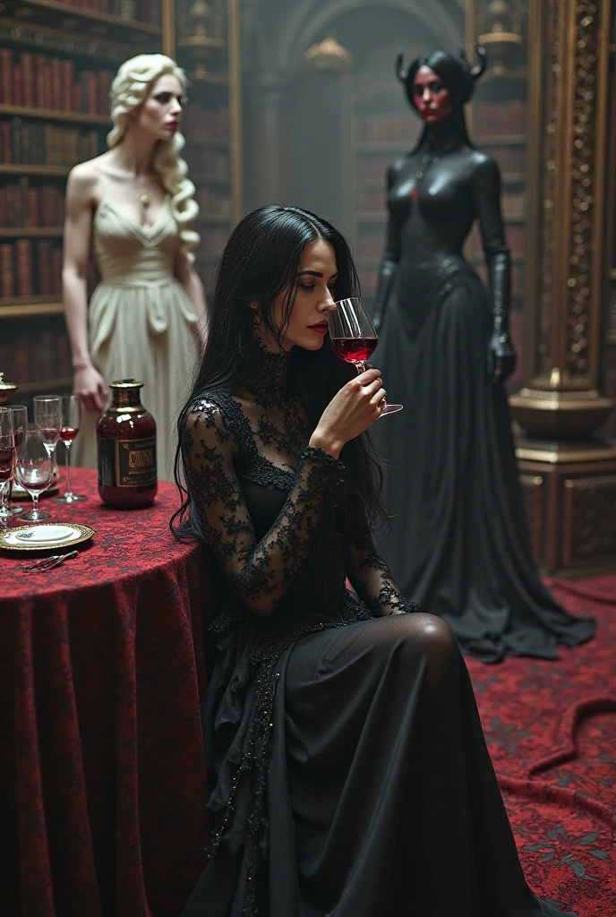 (((Masterpiece, high quality, absurd dress), 1Woman, long black hair, wavy hair, glowing red eyes, a perfect face, the perfect body, smiling sinisterly, hourglass frame, sports body, very tall stature, (((very pale skin))) vampire, long black dress, in a dark spooky manor, holding wine glass