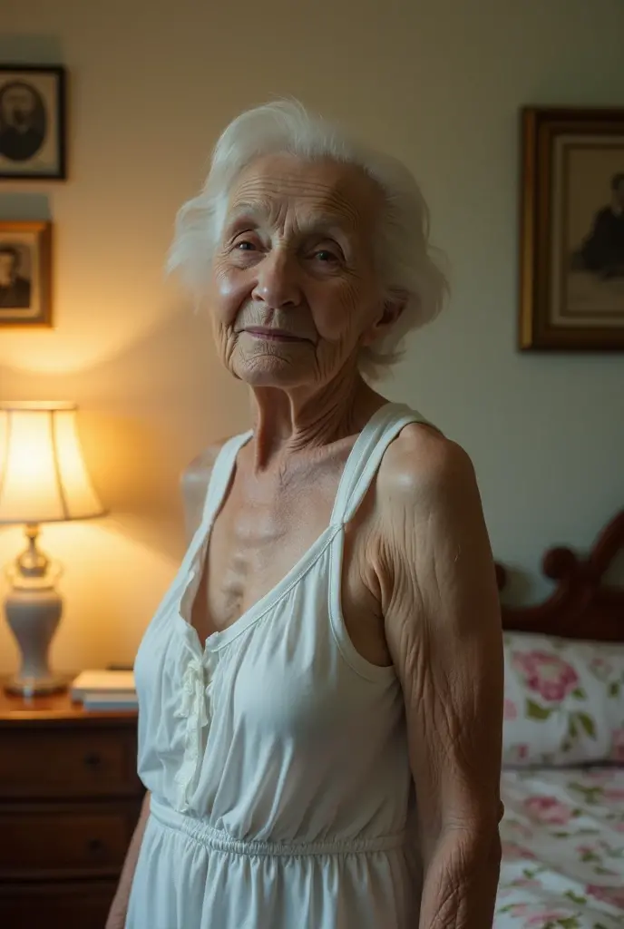 an old woman completely naked, of white skin, showing her average tits and shaved pussy in the bedroom