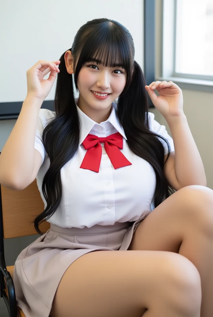 ((8K, RAW photo, highest qualityの, table top), HD RAW color photography professional close-up photos, (realistic, realistic: 1.37),lipstick、 (highest quality), (best shadow), (best illustrations), clavicle ((big)), ((porn, sexy, ultra high resolution, HD CG unified 8K wallpapers, Physically based rendering, cinematic lighting), (charmな猿:1), 18 year old girl, (JK's costumes, mini skirt, ribbon, socks, high school uniform: 1.4), high school classroom, beautiful and detailed eyes, light shines on your face, ((whole body lens: 1.2)), Extra bright light, (Upper grades, grin and laugh: 1.2), shiny skin, (((black hair, long hair: 1.2))), (thick thighs), Ulchan-6500-v1.1: 0.2, shy, (flash: 1.2), NSFW, (Undulating), ((spread your legs: 1.2, charm: 1.2)), (idle state), (sit at a desk in the classroom: 1.2)), (excellent anatomy: 1.2)), (Bright and refreshing classroom, background is blurry: 1.2)), perfect face, cute face, (high angle shot: 1.2), exposed cleavage, exposed arms, huge breasts