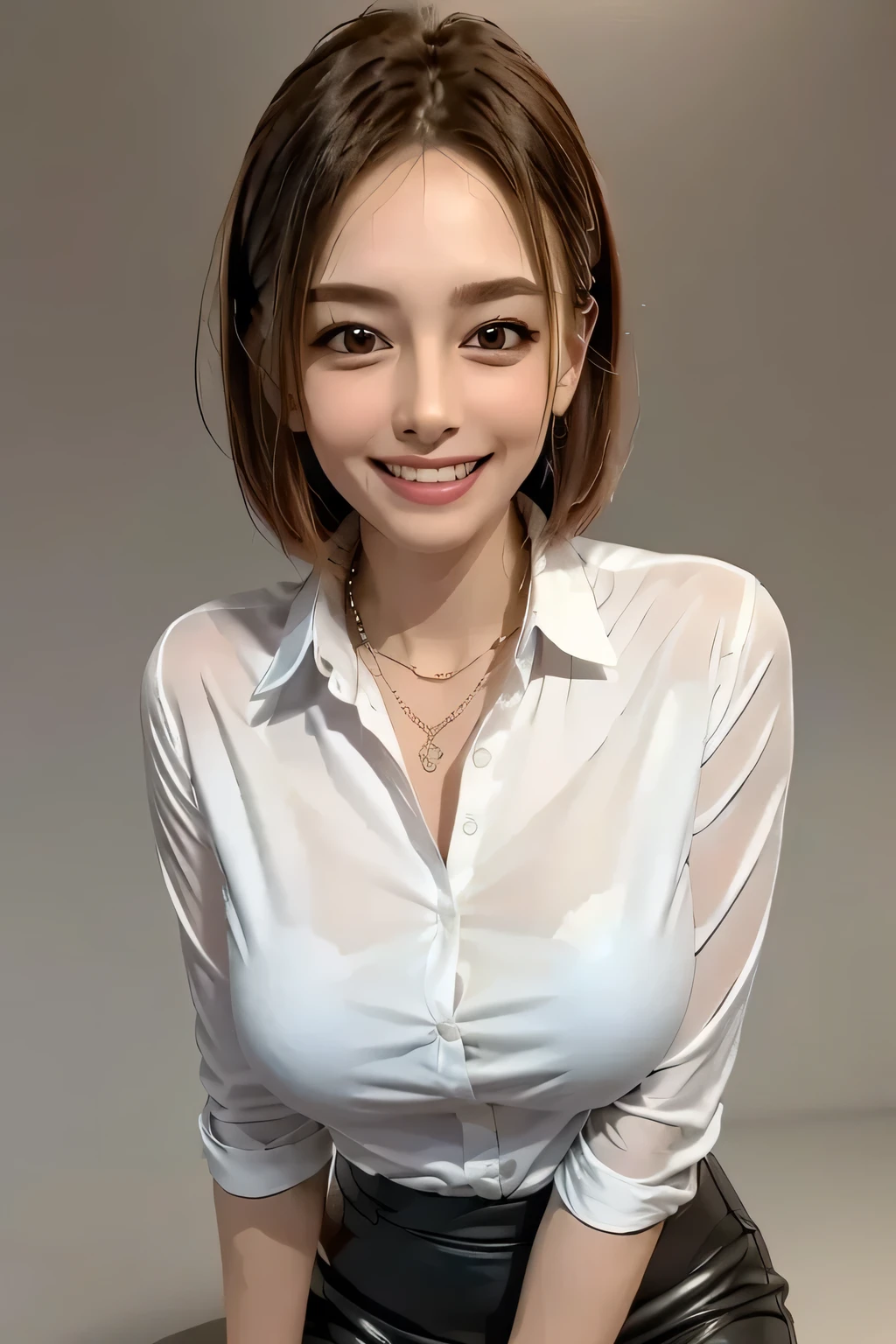 Realistic, masterpiece, highest quality, Highest Resolution, Japanese , 16 years old, Upper body photo, She narrowed her eyes.、Looking at me with a shy smile, Laughing with your mouth open, Beautiful and detailed eye drawing, (Droopy eyes:1.3), Dark Eyes, Thin eyebrows, Draw eyelashes carefully, Small teeth visible, Gal Makeup, (Brown and white wavy hair with white mesh, Long Hair, middle part:1.3), (Hidden eyelid wrinkles:1.3), (He is wearing a neat, very thin, see-through white button-up shirt.:1.1),(Clothes are wet:1.1),(The clothes are transparent:1.1),(The chest is clearly visible:1.1),(You can clearly see the shape of the chest:1.1),((Nipples are visible:1.9)),(No bra:1.1), She is wearing a short, grey, checked pleated skirt., A was photographed diagonally from below, School classroom