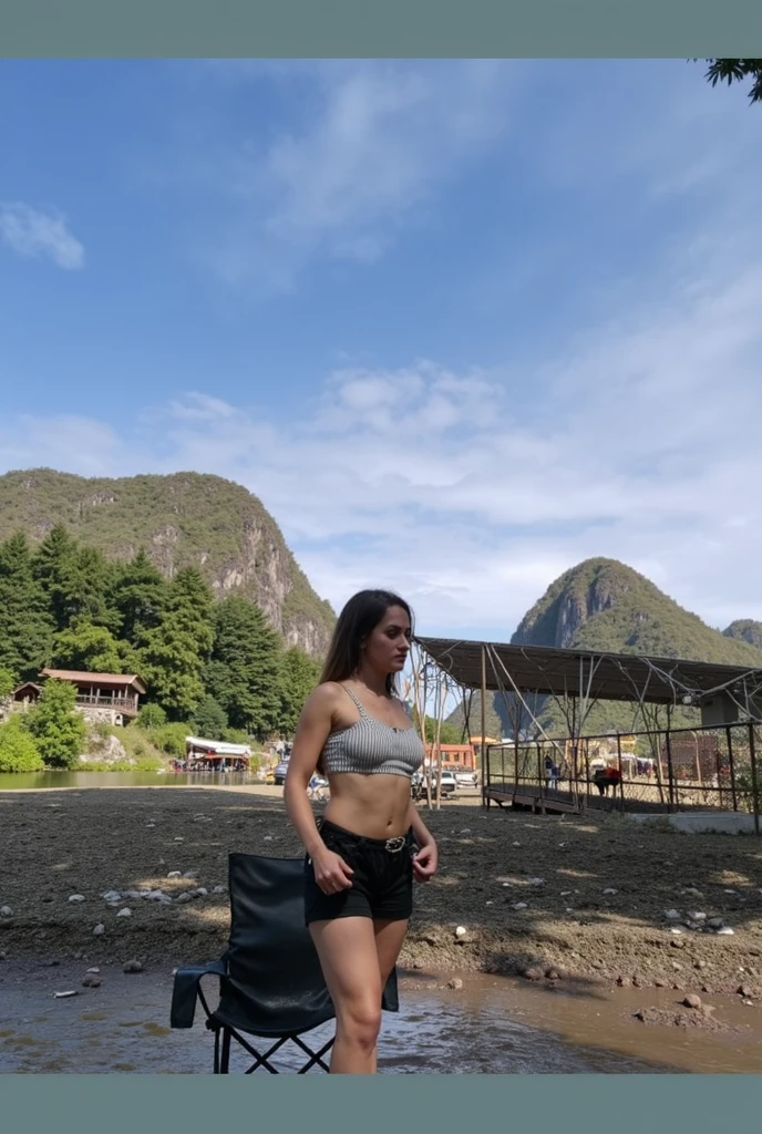 arafed woman in a bikini sitting on a wooden bench, vacation photo, with mountains in the background, imane anys, profile image, nice view, paradise in the background, with mountains as background, avatar image, malika favre, by Herbert MacNair, profile pic, photo taken in 2 0 2 0, taken in 2 0 2 0