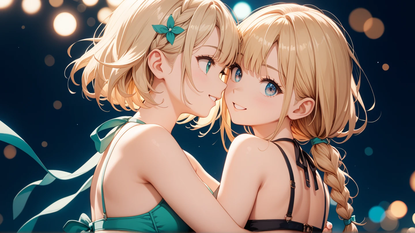 Blonde twin girls touching each other's breasts and nipples Take off your clothes Love juice dripping Show whole body toned limbs