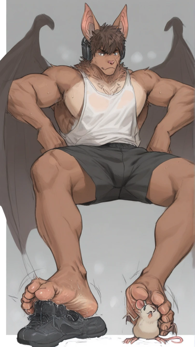 A Very Muscular Furry Gray Wolf. He is Topless with a gray shorts. His both hand is Together behind his head. The background is Gray. He have a little messy hair. He have gray eye. He is looking at the viewer. He is smiling. He wears a black glasses