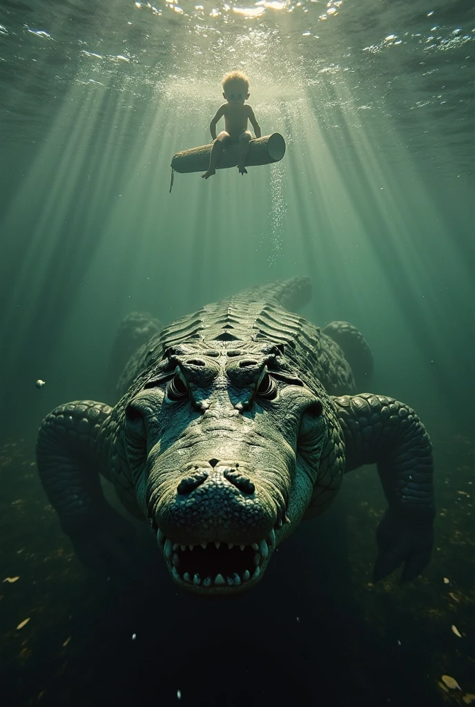 Create an AI-generated image that depicts a dramatic scene of a river with a visible above and below water perspective. Above the water, show two men helping to pull another man out of the river, with expressions of fear and urgency. Below the water, depict a large crocodile with its mouth open, showcasing its sharp teeth, swimming towards the group above. The surrounding environment is a dense forest with large trees and sprawling roots around the riverbank. The water is clear enough to see both the surface activity and the underwater threat in vivid detail.