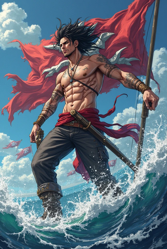 homen: Dark-skinned pirate dressed in red coat and a red hatholding a sword