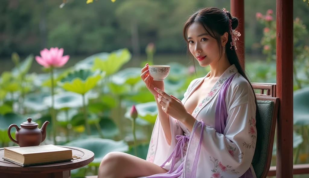 masterpiece, best quality, extremely detailed, hyperrealistic, photorealistic, a beautiful chinese model, ultra detailed face:1.2, plain purple sleeveless cheongsam:1.2, black hair, japanese style garden, sitting at table with a coffee cup:1.2, perfect hands, perfect fingers, smiling