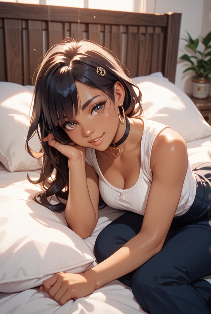 4K Quality, (cute black girl), (big smile), ((laying in the bedroom)), (sexy pose), (black plaid skirt), (black cornrows), ((dark skinned)), thick thighs, big breasted, big ass, (looking at viewer), hazel eyes, (night time),
