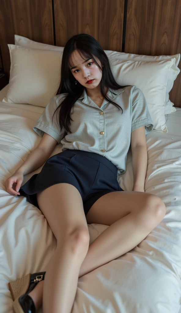 absurdres, RAW photo, extremely delicate and beautiful, masterpiece, Best Quality, ultra high resolution, 32k, hyperrealistic, ultra-detailed, perfect figure, in her 20s, very small head, very small face, delicate facial features, tearful mole, earring, huge breasts, legs, full body shot, medium hair, black hair, colored inner hair, sweat, school_uniform,