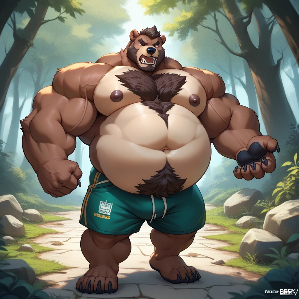lucusold, lanxus, a man with a huge belly, furry boar, hog, fat ripped:1.2, chubby, more chubby , thicc, lowres, giant and fat, danbooru and artstation, heavy detailed, insanely inflated hips, topless, shorts, proportionally arms, fluffy chest, commission for high res, detailed but rough, semirealistic:1.3, forest