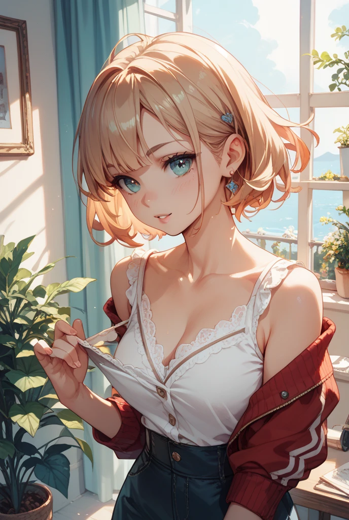 A girl with a short haircut、I'm sticking my lips and exposing my body