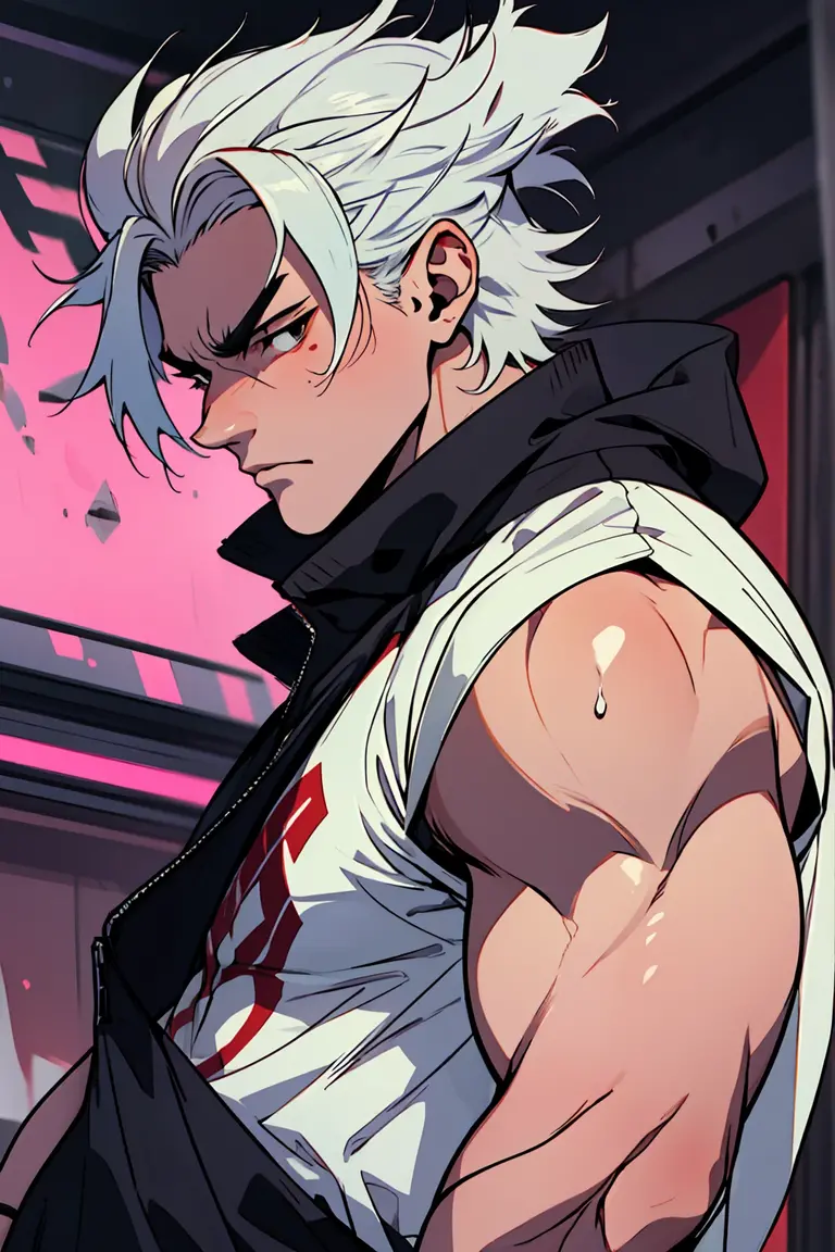 close up, face, highest quality, 8K, high resolution image, Jujutsu Kaisen estilo anime , Arataki Itto, Detailed strokes, nblurry background, purple light reflecting on it , (close up angle), 1 men, Youngh, mascle, role model, front with hand in pants pocket , multicolored background with various geometric shapes , round stickers, brawny, red and white hair, swollen chest, wearing a tight shirt , striking eyes , with the shirt, swollen chest