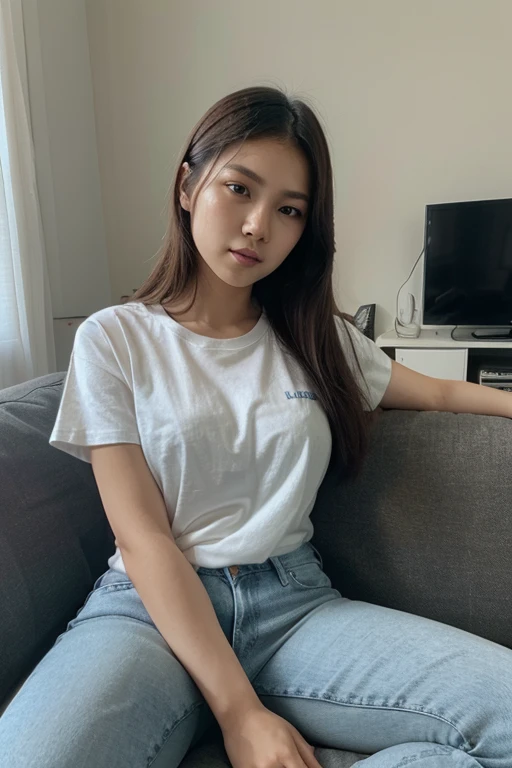 A VERY BEAUTIFUL WOMAN,jean short and a white shirt, crouching, HIGH DEFINITION, A BEAUTIFUL CHEERFUL and busty ASIAN WOMAN WITH ASIAN FEATURES, 20 TO 25 YEARS OLD, SHINY LIGHT DARK HAIR, HYPER REALISTIC