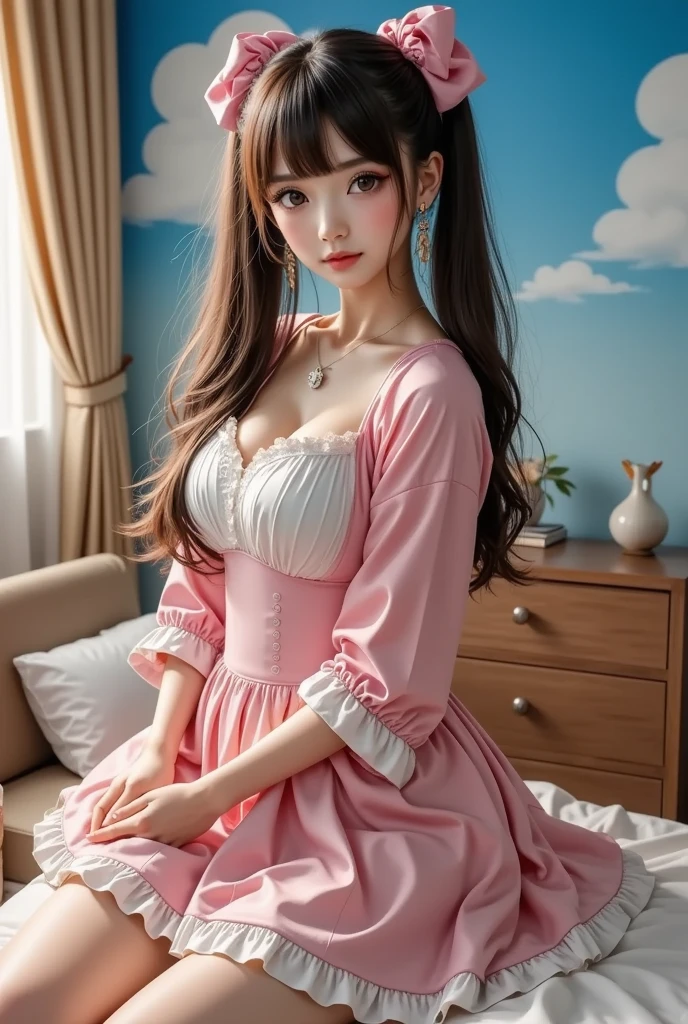 sleeping,die idol,close eye,sleeping,lying on floor,Unconscious,Oversized breasts with cleavage,Breasts that are about to burst,praying hands,hands on chest,tiara,idol pink costume,Light pink dress,voluminous mini skirt,A dress with lots of frills and ribbons,red lip, diamond pendant,earing,Brown hair ribbon twin tails,Beige long hair,full body