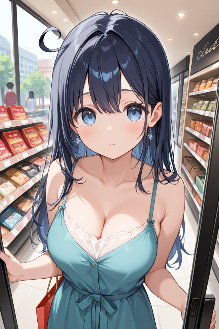 (familiar, Masterpiece, of the highest quality, Complex),
cowboy shot, Kyoka Tachibana,
big breasts,
1 girl, alone, in a convenience store,
Cute eyes, beautiful face, perfect round ass,
Fit and body, female pervert,
The jacket is a nice light shirt., exposed cleavage, Beautiful woman in a white shirt and a miniskirt., Super mini tight skirt, SMILE,
negro high-heels, knee high socks, negro_hose,
adolescence, alone, pale skin,
Blue eyes, ((beautiful mature woman)),
no_bar,
enchanting SMILE, naughty face, sweat, vapor, ashamed, blush, enthusiastic, (spoken heart),
They are standing, Best sexual poses, Cover your groin,
(in a convenience store), Near the ocean shore, (window, ocean, null, cloud, day), summer, interior, perspective, bright lighting, Shelves with many products., White wall,