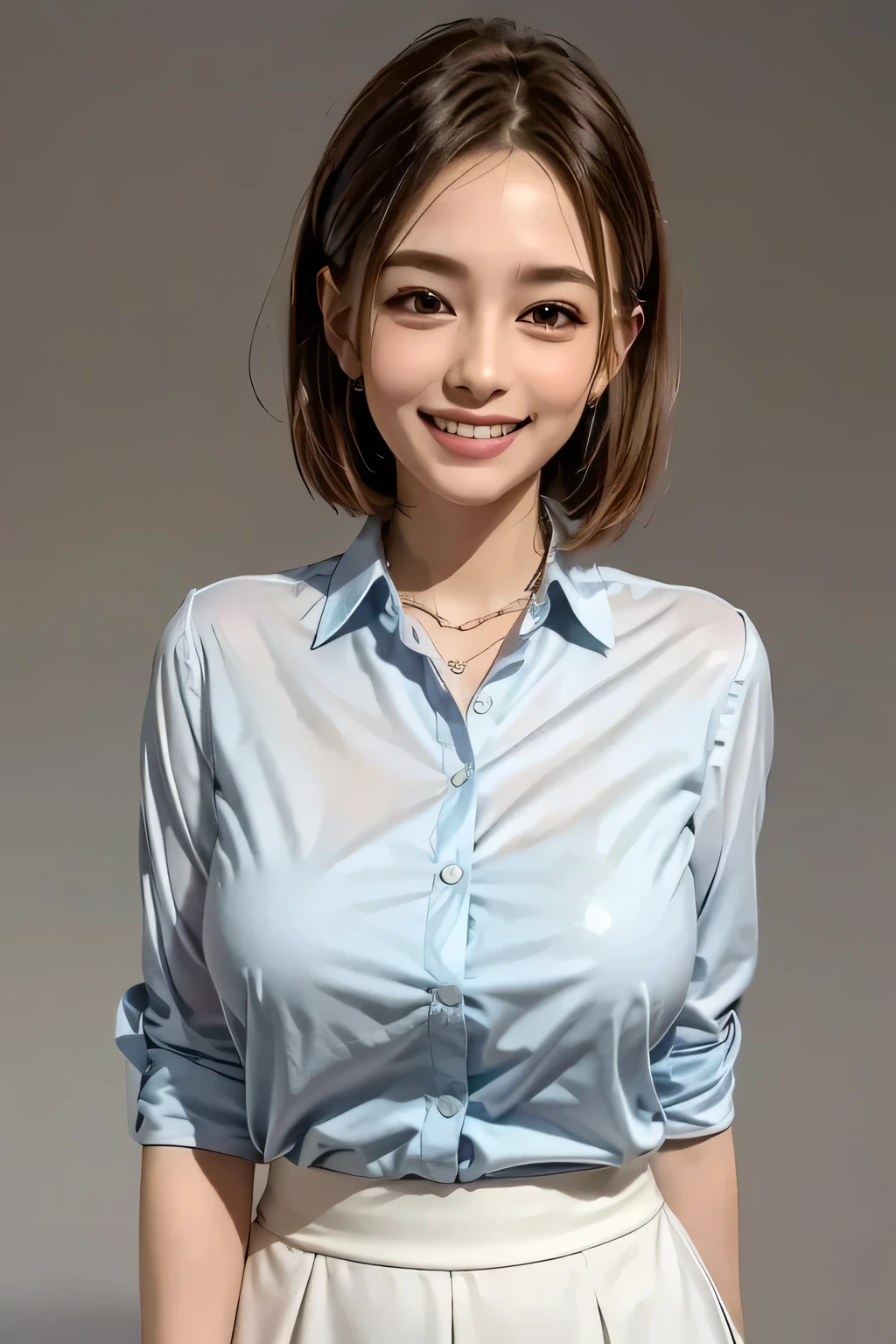 ((highest quality、Masterpiece、High resolution))、(((Zoom photo of upper body)))、(A shy smile:1.2)、One 15-year-old female、Beautiful Skin、Beautiful Eyes、Large Breasts、Nurse uniform、Black Hair、Trimmed bangs、Short Bob