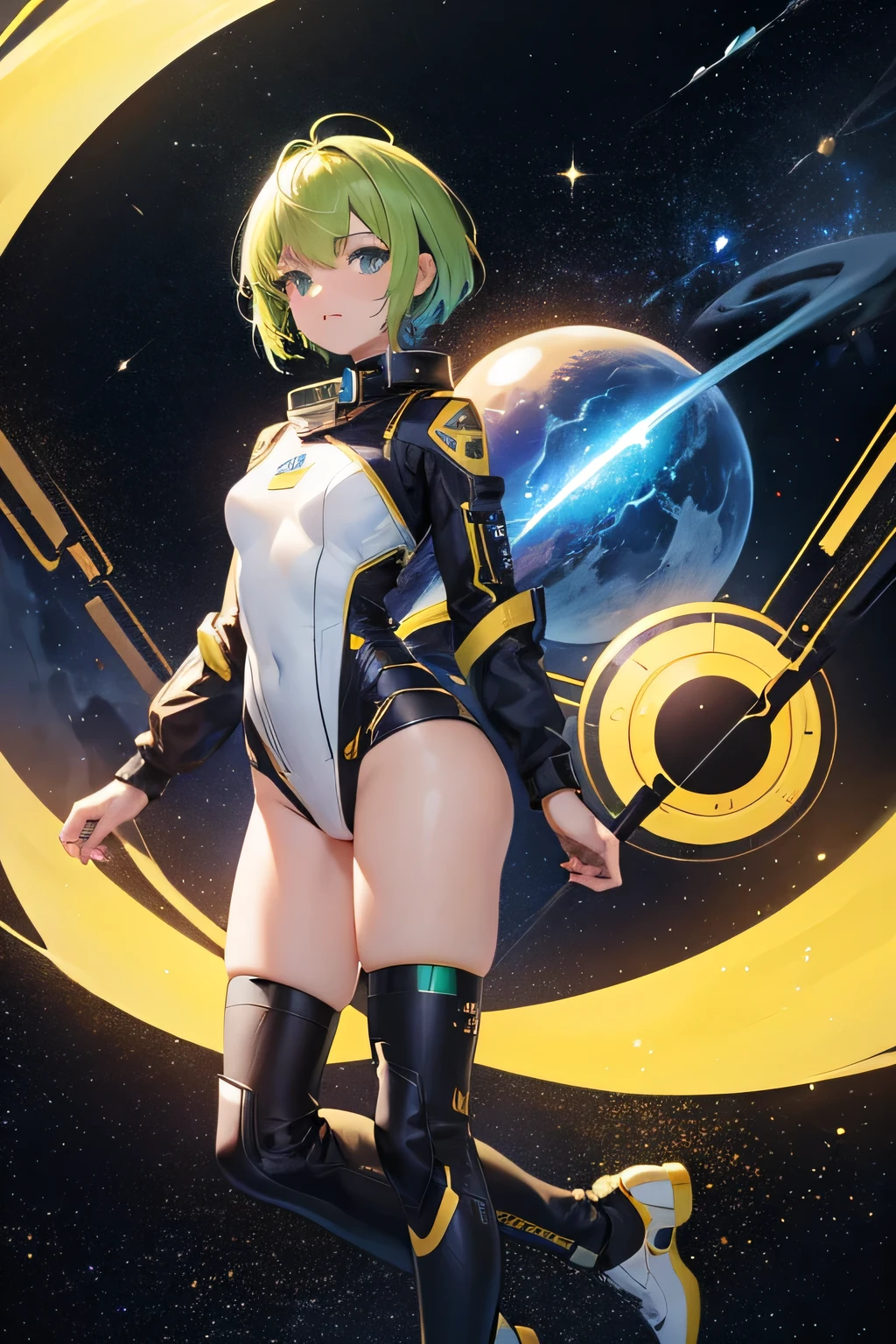 green alien girl with many eyes, cyberpunked、she has antennae on her head, cyberpunkl fashion little alien creatures, Space galaxies, purple planet ring, Saturn, flying saucer