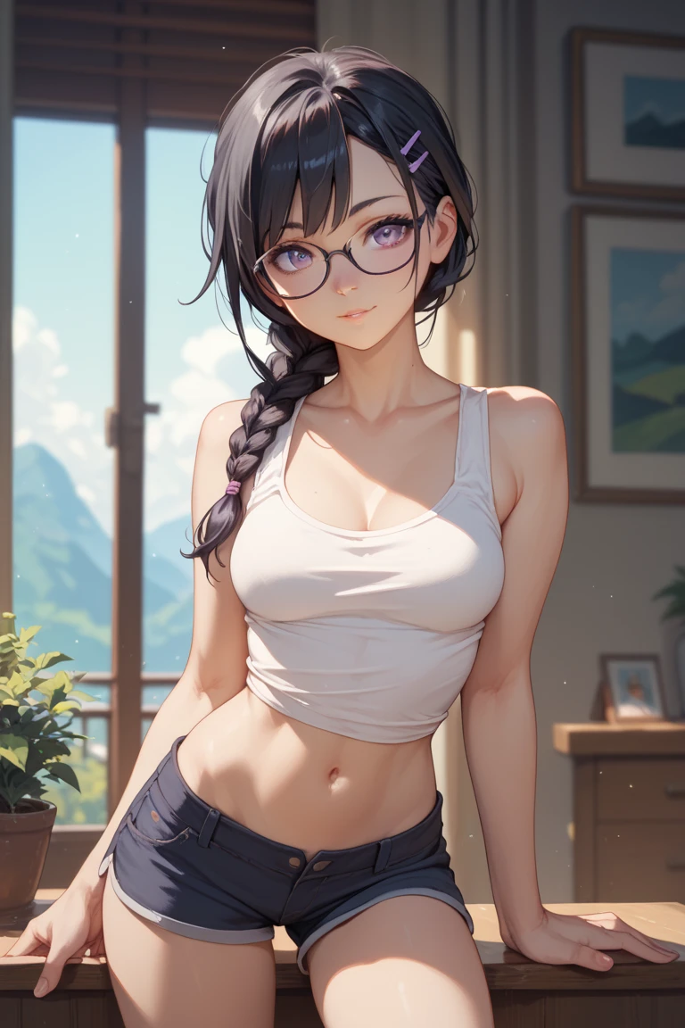 (1girl, solo, alone), (WakatsukiRisa, Sarada Uchiha, black hair, short hair, black eyes, red glasses), ((solo, (1woman, pink lipstick, (small breasts), black eyes), Extremely detailed, ambient soft lighting, 4k, perfect eyes, a perfect face, perfect lighting, a 1girl)), austere, (((fitness, shapely body, athletic body, toned body, yellow tank top, (yellow mini top, revealing wet tank top, hanging out of braless top, beautiful high detailed dreamgarden, nsfw 8K), women's tank top, wet yellow tank) top, transparent, transparency, mini shorts, jean shorts, navel out, abdomen showing, wet body, wooden house, classic Japanese house, old Japanese house , balcony, garden, flowers, walking in the hallway))