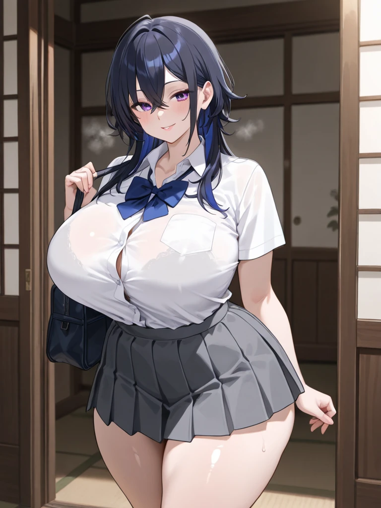 ,1girl, looking at viewer,
yamanobe tomo, purple hair, red eyes, medium hair, , hairband,white shirts, short sleeves, blue skirt, high waist skirt,,(((huge breasts))), ,socks,standing,,outdoor,expressionless,nsfw,close up
