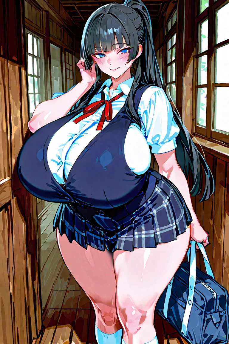 (masterpiece, highres, high quality, very aesthetic, intricate details, super detailed skin, ideal ratio body proportions), front view, from below,sky, thigh focus, full body, breast focus, newest, 1girl, large heavy breasted anime girl , 1girl, teen age,(high school girl:1.5), breasts, solo, cute girl, baby face, thick thighs,((black hair)), medium hair, shiny hair, black eyes, standing,(((v arms))),(((contrapposto))),(((wind lift))), panties, pov, huge breasts, sagging breasts, thicc, wide hips, voluptuous, gleaming skin, oil, light smile, skindantation, summer , white shirt, dress shirt, short sleeves shirt,(((ultra micro miniskirt:1.5, pleated skirt:1.5, light blue kilt skirt:1.6, blue kilt skirt:1.3))),((side-tie panties)),((string panties)),((black high socks71.5)), school loafers, outdoors, high school, rooftop, sunny, wind effect, blue sky, sunlight, cumulonimbus, cumulus, alternate breast size, hands behind back,