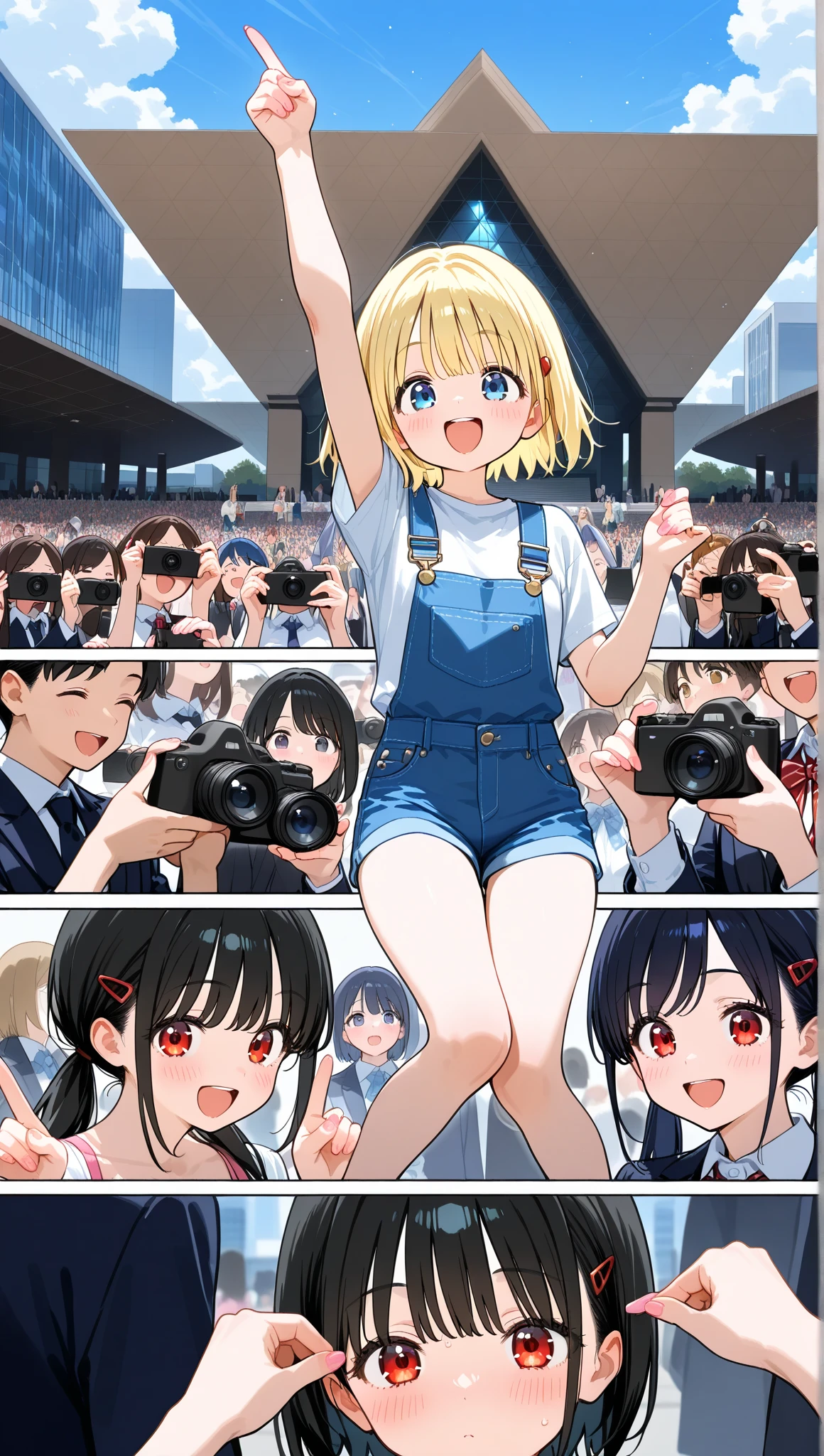 Blonde nudist bent forward projected on large monitor、A lot of friendly elementary school students kissing each other、surround each other'faces、Laughter and joy、in group photograph、Group Selfies、Electronics retailers