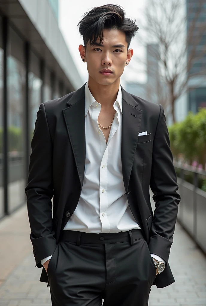 1人,A 30-year-old Korean muscular man,Wear a long-sleeved white shirt and tie,In black suit,chest muscle,full bodyesbian,leather shoes,gentlesoftlighting,tmasterpiece,best qualtiy,8K UHD,digital SLR camera,filmgrain,Midjourney and greg rutkowski's Fujifilm XT3 realistic painting art