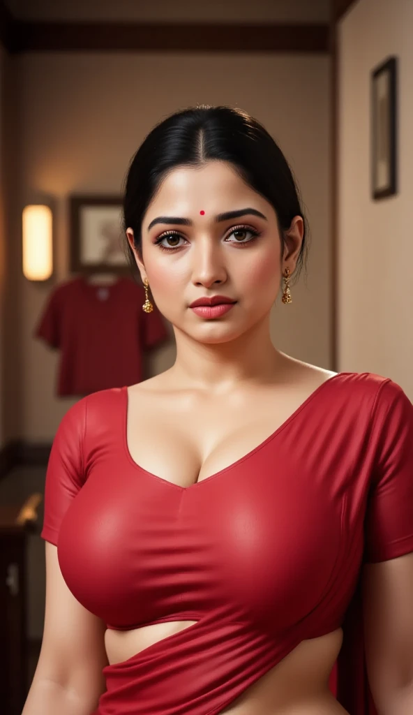 A beautiful Indian women wearing a gold saree, Indian outfits, beautiful suit, gorgeous looking, ultra detailed face, red lips, high quality picture, candid picture, ultra detailed face, realistic face, Instagram model, white skin, glowing skin, cleavage, pixie cut, huge breasts 