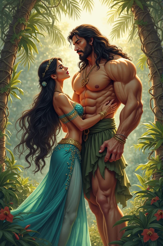 (Best Quality, 2k, Masterpiece, QHD: 1.3, A Handsome barbarian man is surrounded by three women up against him touching him, at a mansion, wearing Swimsuits that show off body, perfect bodies, women: long flowing hair, flowers in hair, seductive, materials, golden hour, , jewelry, golden hour, photorealistic, masterpiece, in love, small grin, perfect faces, Flirtatious-groping