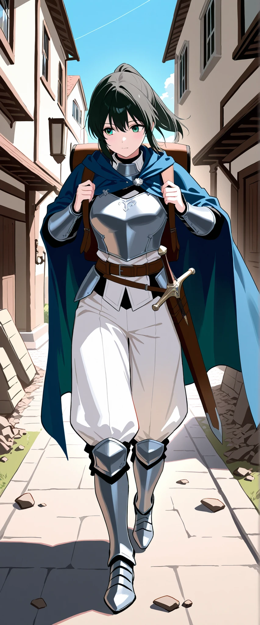score_9, score_8_up, score_7_up,general,highres, ultra-detailed,very aesthetic,best quality,BREAK ,1girl,adventurer,nobility,neat and clean,Fleeting,Fukuhara Haruka,BREAK,black hair,ponytail,green eyes,slender,medium breasts,BREAK,armor dress,breastplate,white jodhpers pants,armour boots,cloak,Carry a backpack,sword put into sheath,Equip on the left side,BREAK,walking,BREAK,full body,front view,looking around,outdoor,medival town,blue sky