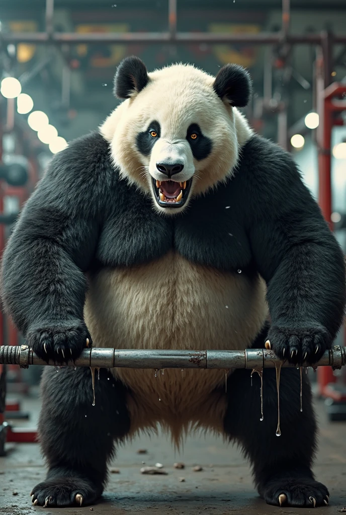 muscular funny panda, barbell exercise, angry face, bodybuilder, 8k