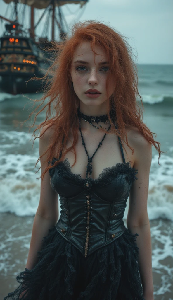 Jolie femme , yeux bleu et rouge , cheveux rouges sangs , avec des tatouages sur le corps visibles , avec une magnifique robe , en arriere plan une plage , des rochers , une belle nuit