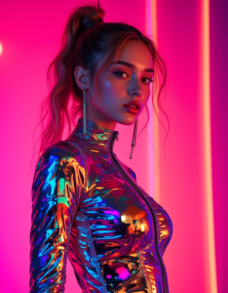 light skinned with model features, wavy hair, glam modernize fashion, red, thick illustrated by aoiro studio and masaaki komori, hyper detailed, neon lights, cinematic lighting, matte painting, illustrated in an oil painting style, trending on artstation, contemporary art, surrealistic and dreamlike atmosphere.