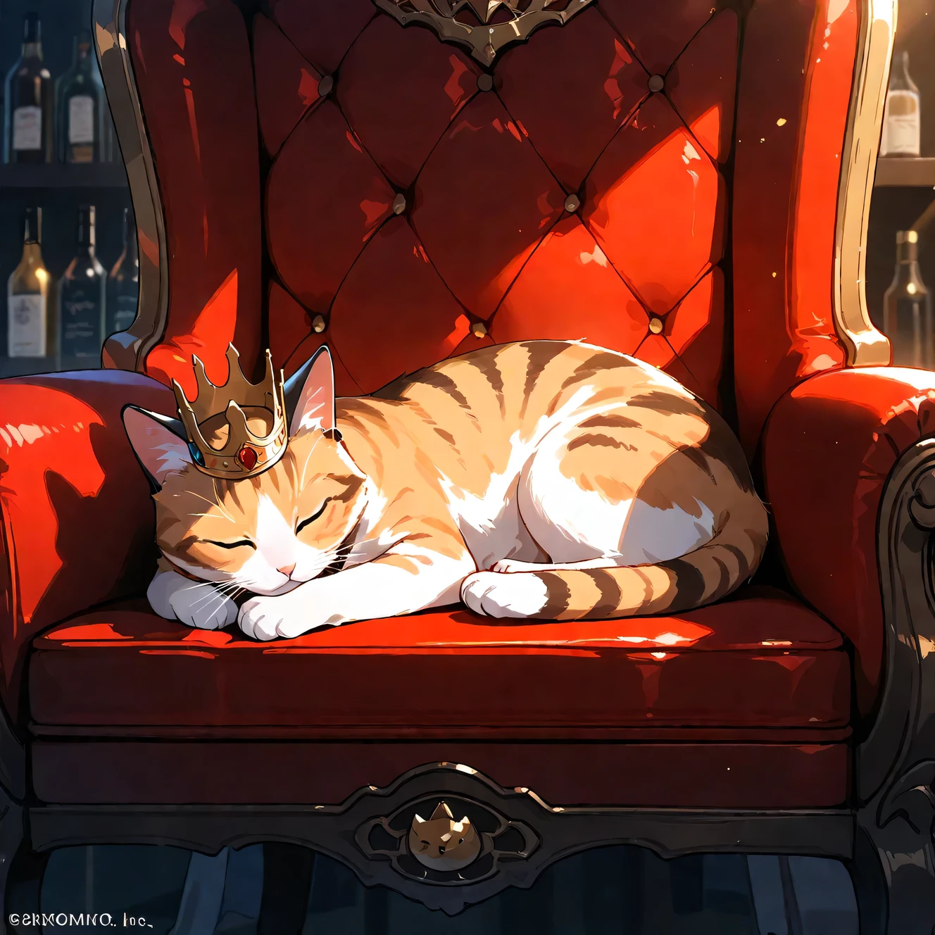 (masterpiece), (best quality), (ultra-detailed), cat, King of Cats, crown, cloak, Cat Kingdom, cat focus, no human, relaxing, cinematic lighting, 
