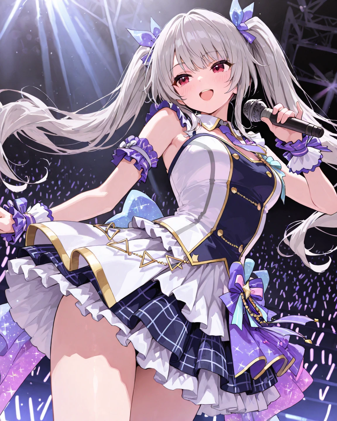 This illustration is、It features a silver-haired girl with medium-length hair playing drums on stage. She confidently shakes the drumsticks, Surrender to the music. Silver hair dances lightly、Playing while exuding dynamism and energy. Stage lights illuminate her, And the cheers of the audience echo in the background. The illustration is、Music captures magical moments that fill the air through her drumming. Her passion and talent are、Shines throughout the artwork, Captivate the hearts of those who see it.