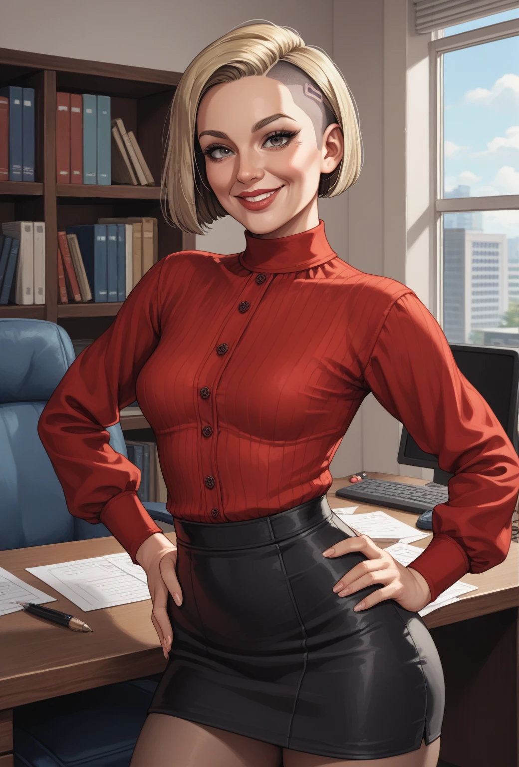 (red shirt:1.3), (black skirt:1.3), (collared shirt:1.3), eyelashes, face, lips,  looking at viewer, nose, teeth, realistic, solo,  
(school uniform, red shirt, red blouse, black skirt), 
(dorm room, college)
(Asian-Less,  Asian-Less-Toon)
(elf, (elf ears:1), (muscular female:1),  thick neck, medium breasts, claws, fangs, tusks, orc female, slit pupils, 
strait hair, shoulder length hair, bob cut, short bangs, 
(green hair, olive hair) dark green eyes, blue eye-makeup ) kubrick stare,