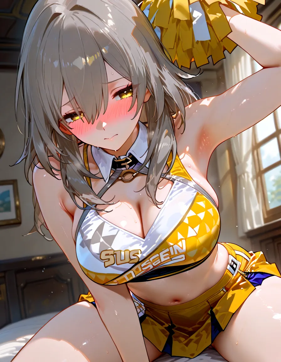 Headphones, red cheeks, detailed details (face, eyes, eyebrows, eyelashes) official art, masterpiece, highest quality, portrait photo of one girl, , wearing a bunny girl(bikini, gold), (silver color, metallic, ) 8k, blonde, short hair, high resolution, ( butt:1.2)(headphones:1.2), (excellent rendering, stands out in its class), (great detail, good lighting, wide angle), breasts (0.5), plump thighs, absolute area, detailed background,
