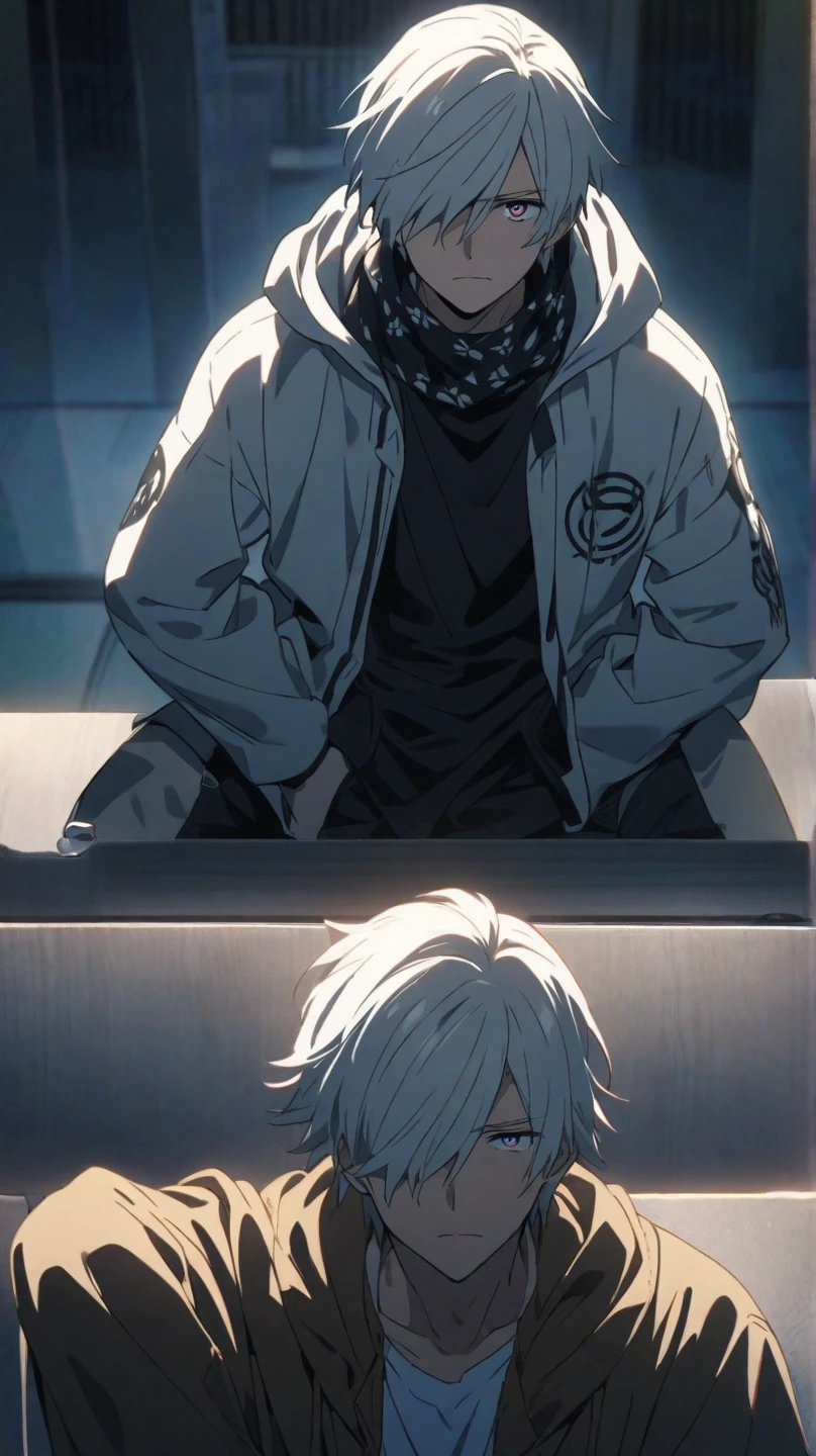 There is a 27-year-old man with white hair and yellow eyes. He is talking about something serious.