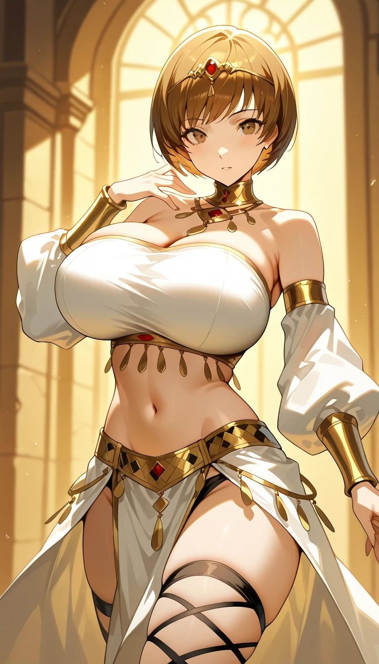 (Perfect hands、Perfect Fingers、Perfect Anatomy)、1 female、Ecstasy face、Detailed eyes、Beautiful golden short hair、Curly Hair、Very fine and shiny eyes、Fuller lips、This image exudes reality、Capturing the essence of delicate portraits、Digital Art、Photorealistic and highly detailed technology、(Big Breasts:1.3)、Belly dance