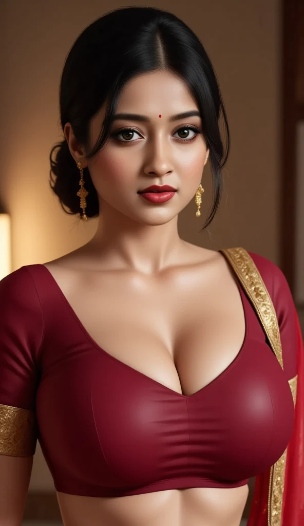 ((((A))))half body of confident-looking Bangladesh woman with long and thick hair, (masterpiece, best quality:1.2), (((solo))), (((1girl))), ((looking at camera)), hazel eyes, royal and lusty look, standing posing like a professional model for a photoshoot, (((Huge Boobs))), perfect composition and light, hyper realistic skin texture, super background decorations detailed, 8k, high quality, trending art, trending on art station, photo, intricate details, highly detailed, ((((Cropped Breast Wear)))), (((Asian Ceramics background)))), (((wearing a bright colour Saree with designs and patterns with sleeves))), ((((big sexy Hour Glass body shape)))), (((Asian Ceramics background behind her))), (((Portrait Fashion Photo))), hair bobbles, wince, solid circle eyes, light smile, ear blush, fang, ccurate, makeup, double bun, Surrealism, drop shadow, anaglyph, stereogram, tachi-e, pov, atmospheric perspective, glowing light, backlighting, ray tracing, image fill, anaglyph, stereogram, scanlines, speed lines, silhouette, vignetting, 8k, super detail, best quality, perfect lighting, ribbon, braided ponytail, Hyperrealism, Realism, modern, depth of field, cinematic lighting, chromatic aberration, glowing light, god rays, Fujicolor, motion lines, multiple monochrome, retina, super detail, high quality, high details, anatomically correct, (((looking foreword)))