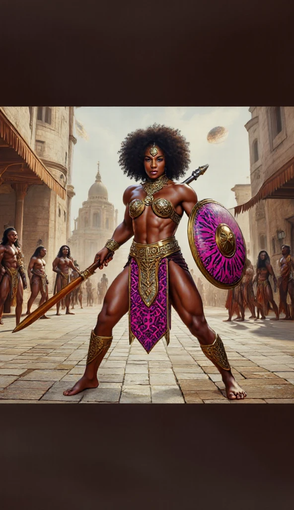 (high-res, professional photo quality),(dynamic perfil pose),(exquisite attention to detail), ((Full-body photo)), ((head-to-toe photo)), african warrior, ifbb woman in steel armour