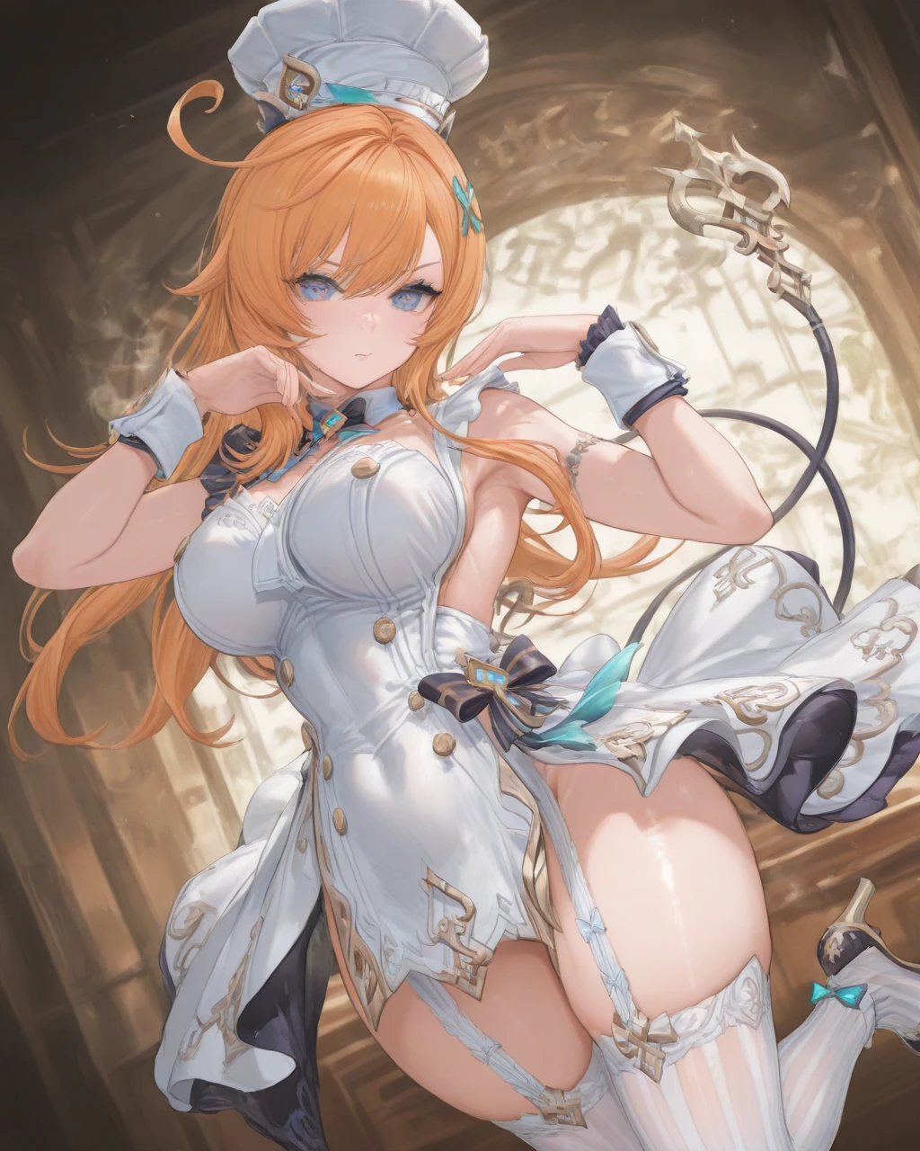 (quality)), ((tmasterpiece)), Recommended resultluffly、(see through:1.5)、Whole body ESBIAN、squatt、、straighten your back、(Keep hips forward:1.)、、spread  、The slender one、Colossal tits、angle to floor:1.2、low camera angle、There is white liquid flowing out of the crotch、Whole body facing the camera，with short golden hair
