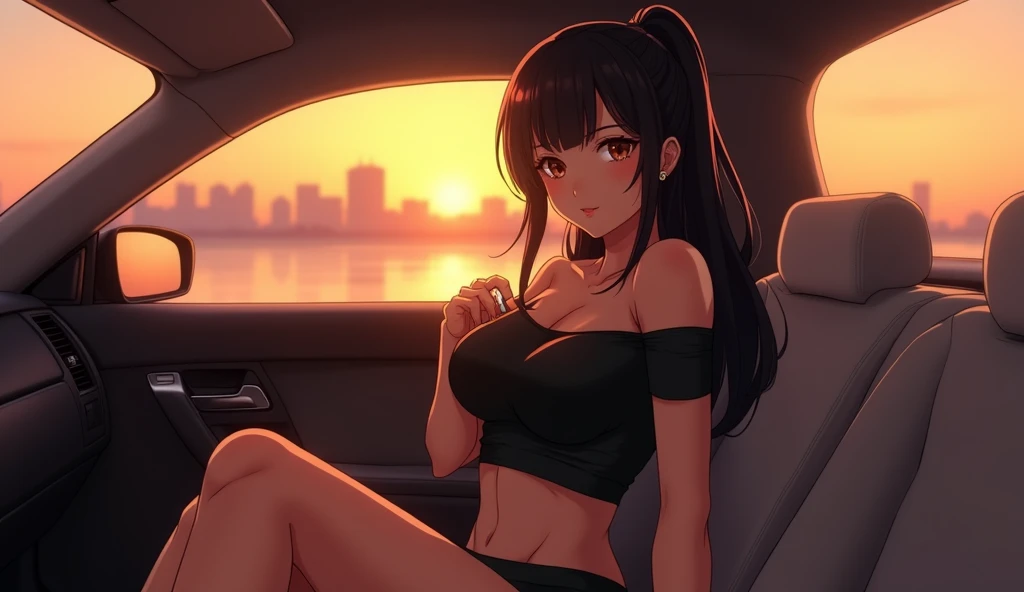 night time scene,, Roadside, a black woman wearing red panties, red color bra, breasts big,, pose sexy, looks intense, Grinning, sitting in the back seat of a car, natta, poor lighting