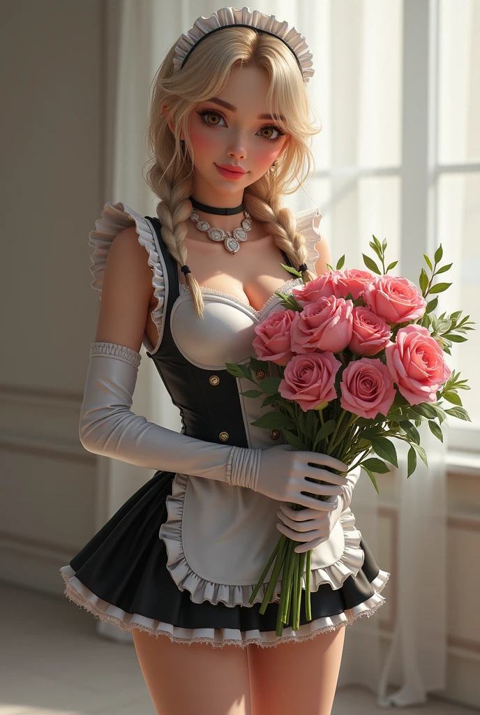 Insanely detailed photograph of a gorgeous vampire man, goth Renaissance, long voluminous white hair, intricate white  eyes, fantastical, vampire, ethereal, hyperdetailed, 32k resolution, dynamic lighting, hyperdetailed, intricately detailed, trending on Artstation, triadic colors, volumetric lighting, BalenciagaStyle,Woman with Casual ,Duchess clothes, outfit with pink and delicate flowers, dress, medium breasts, pink hair with a cute hairstyle with a bow at the back, holding a bouquet of red flowers 