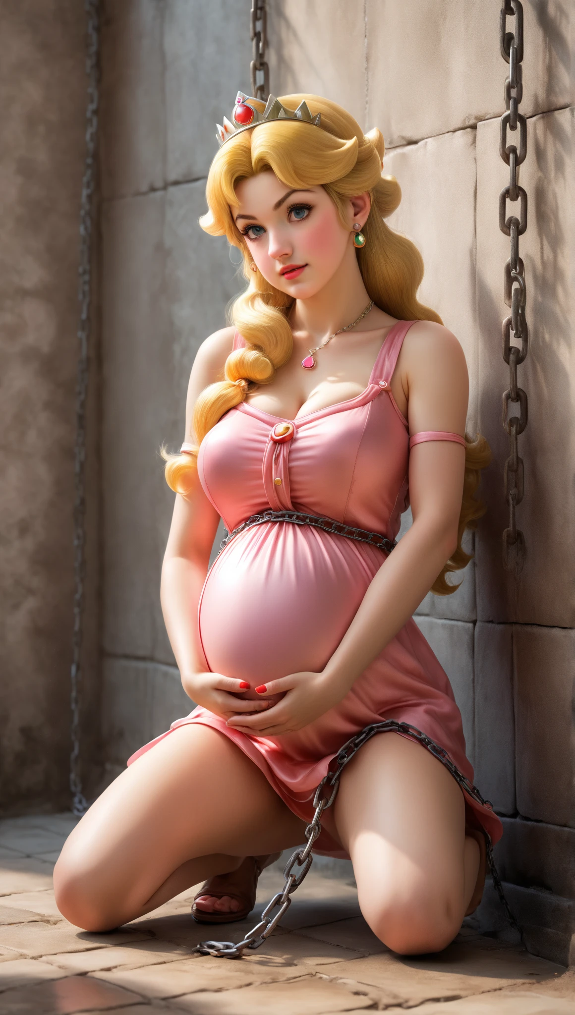 Sexy pregnant woman, cleavage, revealing sexy tight bright pink dress, long pink hair, small earrings, necklace