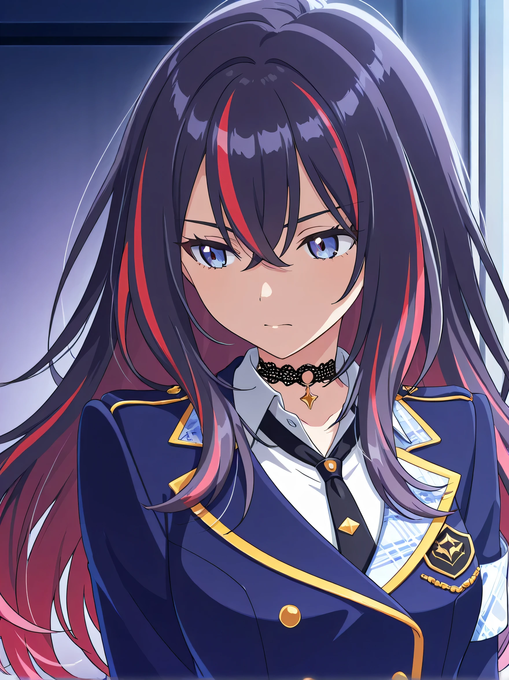 score_9, score_8_up, score_7_up,source_anime,anime screencap, gakumas, 1girl, sena_juo, senajuo2idol,solo,（masterpiece),(best quality),(ultra-detailed),(best illustration),(best shadow),(absurdres),(detailed background),(very aesthetic),"Upper body of a commanding and fierce idol costume inspired by Garchomp from Pokémon, designed for Seina Juou. A high-collared midnight blue jacket with angular crimson slashes across the chest, and reinforced shoulder panels reminiscent of wings. A metallic choker rests at her neck like a tactical brace, and her hair is pulled into a long swept-back style, streaked with dark red. Her presence is like a storm waiting to strike—silent, focused, and inevitable."