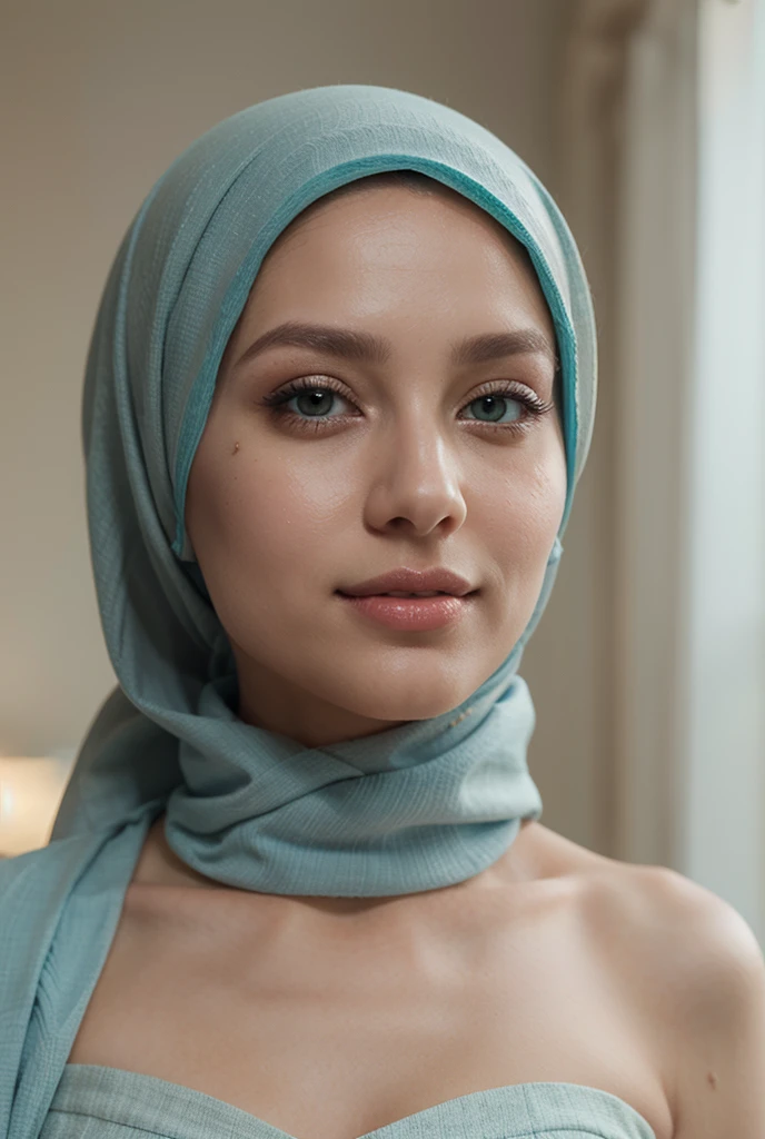 hijab beauty dressed long dress chubby pretty white face green eyes sweaty