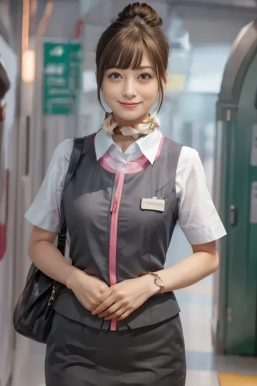 (masterpiece:1.2, Highest Quality:1.2), 32kHDR, high resolution, (alone、From the Surrounding Environment)、( station(at)streetcar(Romendensha) expression full of anticipation conveys the atmosphere of 、Professional Lighting)、Empty station(at)streetcar(Romendensha) expression full of anticipation conveys the atmosphere of background 、( realistic style of JR Gran Class crew uniform )、Short sleeve blouse、 wrap a scarf around your neck 、( JR Grand Class flight attendant uniform with pink decorations on the sleeves)、( best JR Grand Class flight attendant uniform with pink lines on the front zipper)、dark brown hair、( Dot-like hair、hair bun、hair bun)、dark brown hair、 long hit 、Big Breasts、(( amazing hand :2.0)),((A harmonious body shape:1.5)),((normal limbs:2.0)),((JR Grand Class flight attendant uniform with pink decorations on the sleevesを作らないでください:2.0)),((clock:2.0)),((Normal eyes:2.0)))、Big Breasts、 nice necklace 、earrings、smile、Beautiful position, place your hands around your stomach